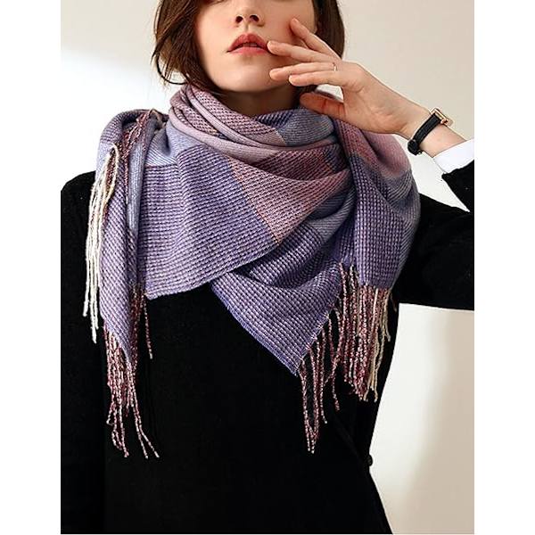 Dame Imitation Cashmere Sjal - Vinter Lang Blød Varmt Tartan Tassel Sjal Sjal til Damer, Tassel Sjal Sjal Gaver til Kvinder (Lilla)