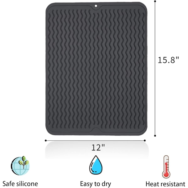 Silikonunderlägg för disk, avrinningsmatta för köksbänk, värmebeständig matta, lätt att rengöra avrinningsbricka, halkfri diskavrinningsmatta Black