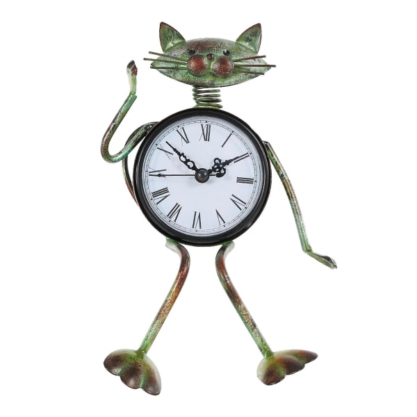 Tooarts Cat Clock Håndlaget Vintage Metal Jern Cat Figurine Mute Bordklokke Praktisk klokke