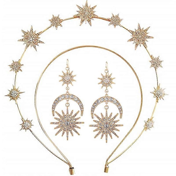 3 stk. Stjerne Måne Gudinne Hodebånd Rhinestone Kroner, Øredobber, Halskjede (Gull)