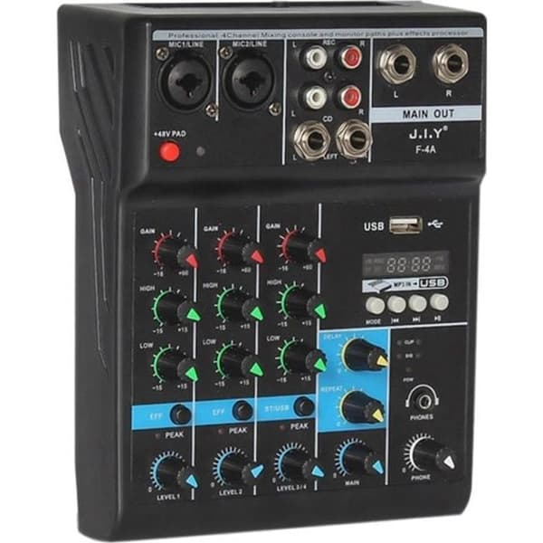 Profesjonell 4-kanals Bluetooth bærbar lydmikser DJ-konsoll med romklangseffekt for karaoke USB