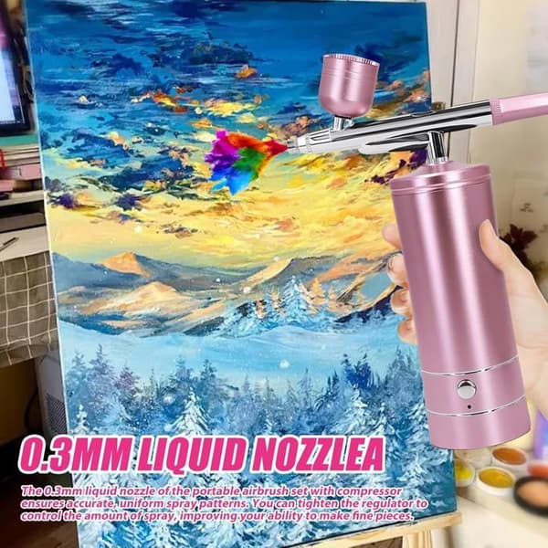 Multifunktionell Airbrush-kit med Kompressor – Sladdlöst Airbrush-set med Luftkompressor, Uppladdningsbart (Rosa)