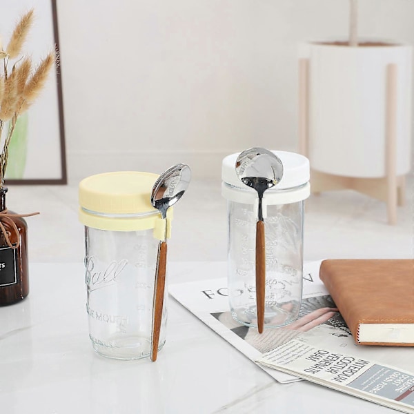Glasbehållare för Havregryn med Sked - 350ml Flerfärgad 30 cl Mason Jar med Bred Öppning för Overnight Oats, Flingor, Yoghurt - Lufttät Förslutning och Läcksäkert Lock White 350ML