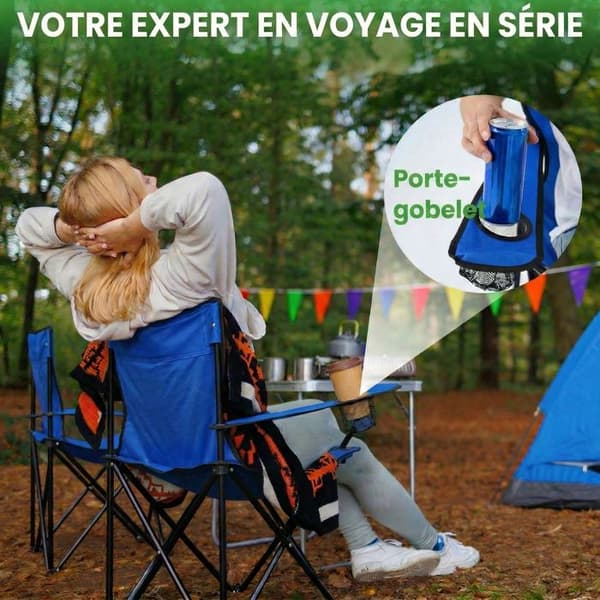 Sæt med 2 foldbare campingstole med kopholder og bæretaske – Bærbare udendørs siddepladser til strand og fiskeri – Blå