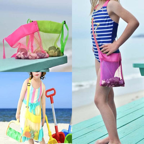 Sæt med 5 Farverige Mesh Strandtaske Skalkollektionstaske Legetøjskrammeskal med Justerbar Rem Børne Strandtaske (5-pak)