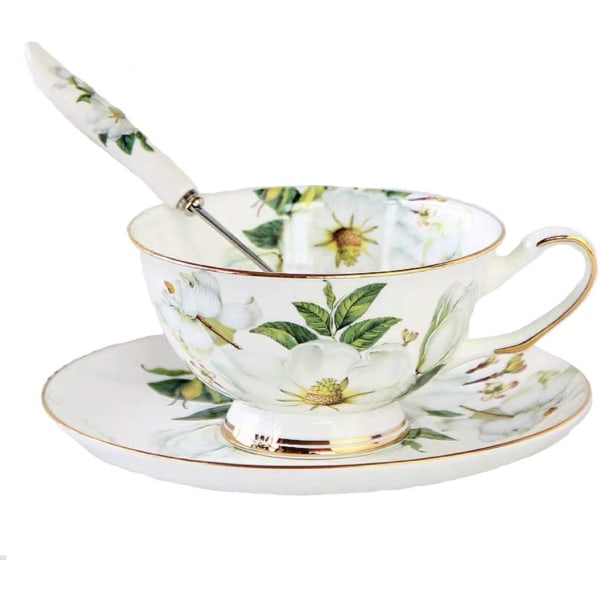 Set Vintage Fine Bone China Tea Cup Sked och fat Set Guld Trim Fine Dining and Bord Decor (Vit Camellia)