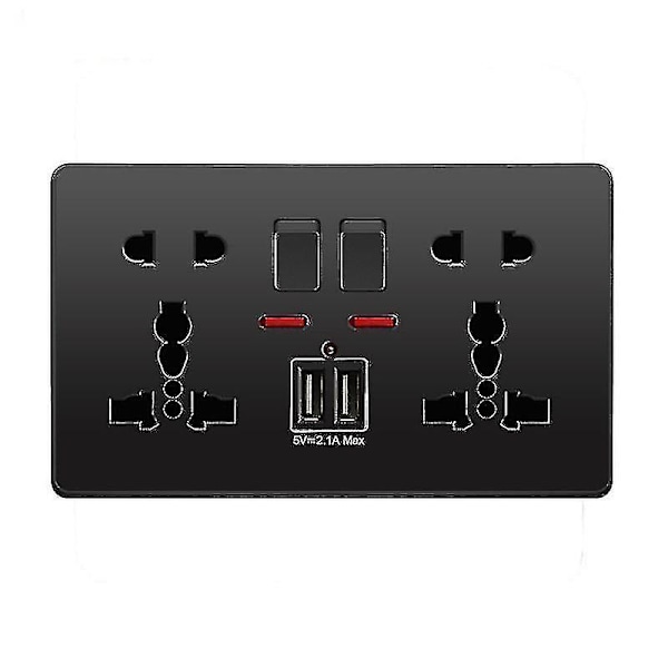 Multifunksjons stikkontakt med trykknapp, UK 13A, 2.1A dobbel USB-lader, tre- og to-hulls vegguttak Black