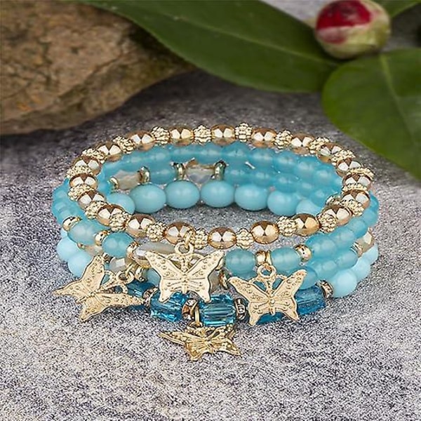 4 stk Sett Bohemsk Sommerfugl Krystallstein Stretch Anheng Armbånd For Kvinner Jenter Gull Perlebelagt Stablebart Stretch Armbånd Fargerike Smykker