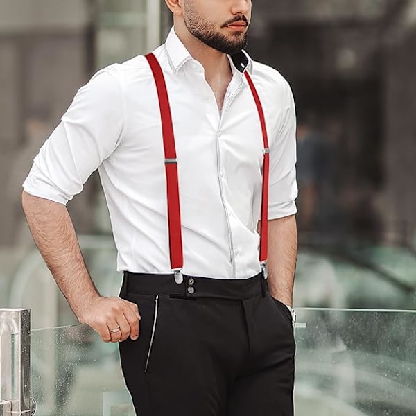 Herre seler med 4 klips X-form, justerbare elastiske seler for herrebukser, herre seler bryllup business casual bukseseler (rød)