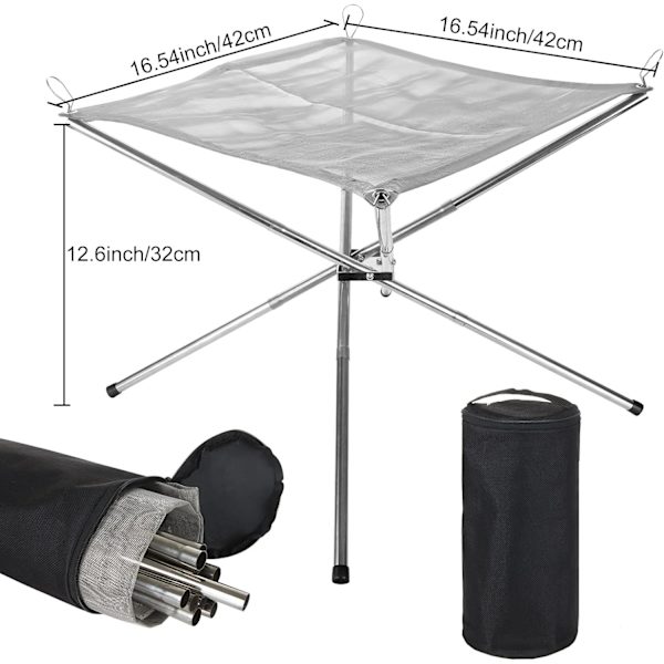 Bærbar bålpanne for camping, liten utendørs sammenleggbar bålpanne med bærevesker, rustfritt stålnett bålpanne for camping for BBQ