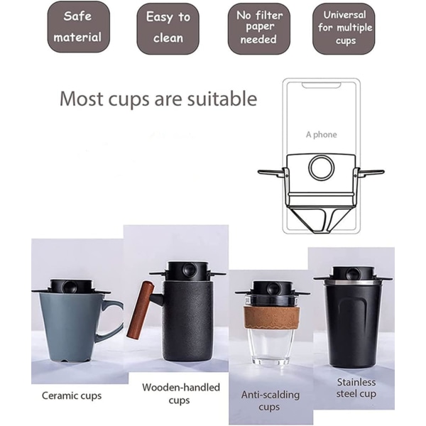 Bærbar Pour Over Kaffemaker 1-2 Kopper, Rustfritt Stål Bærbar Kaffe Filter, Gjenbrukbar Kanne Kaffe Dripper Filter