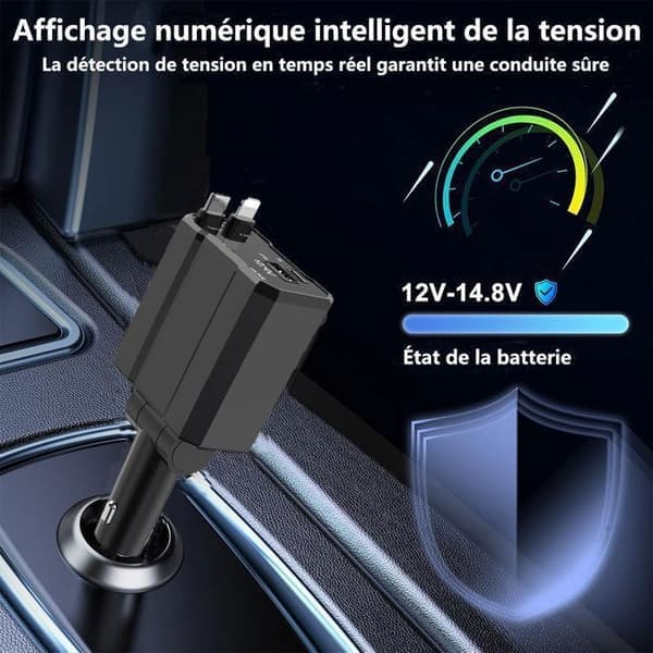 Sammenfoldelig 4-i-1 USB-C billader med 2 porte 80 cm, hurtig 120W cigarettænderoplader, 180° sammenfoldeligt stik, til iPhone, Android