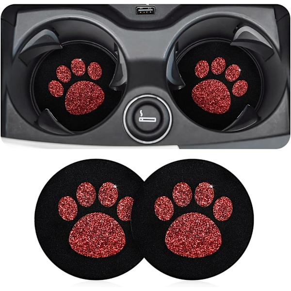 2 stk. Bling Glitter Rhinestone Paw Print Bilkopholder Coasters, Gummi Skridsikker Indsats Auto Drikkeunderlag, Universelle Bil Interiør Tilbehør Red