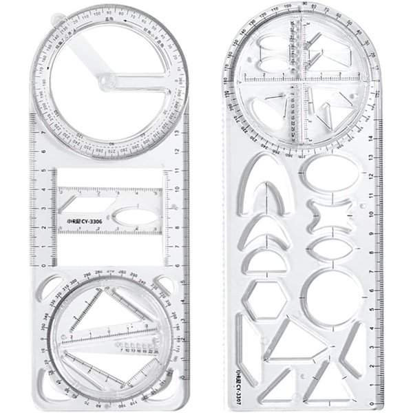 2 stk. Multifunktionelle geometriske lineal, gennemsigtig plast lineal roterbar vinkelmåler tegne skabelon lineal grafisk lineal måleværktøj