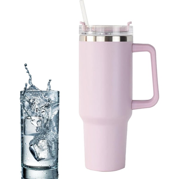 Rustfrit stål vandflaske | Krus med sugerør og håndtag | Lækagesikker vakuumisoleret vandflaske til varm iskaffe (lys pink)