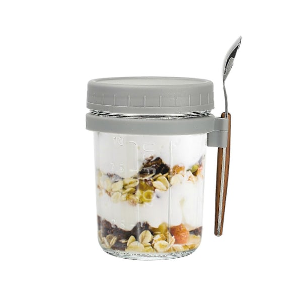 Glasbehållare för Havregryn med Sked - 350ml Flerfärgad 30 cl Mason Jar med Bred Öppning för Overnight Oats, Flingor, Yoghurt - Lufttät Förslutning och Läcksäkert Lock Grey 350ML