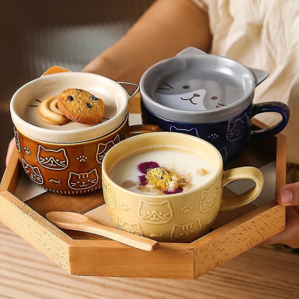 Keramiska kaffemuggar med lock Söt porslinskopp Familjefrukost Mjölk Juice Cup Dryck (gul)