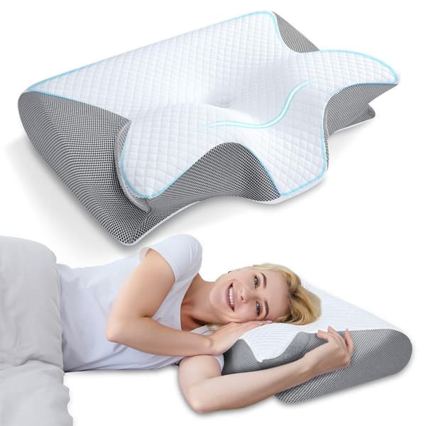 2-i-1 Ergonomisk Nackkudde, Ortopedisk Kudde, Memory Foam Kudde för Rygg-, Sido- och Magsovare (Grå)