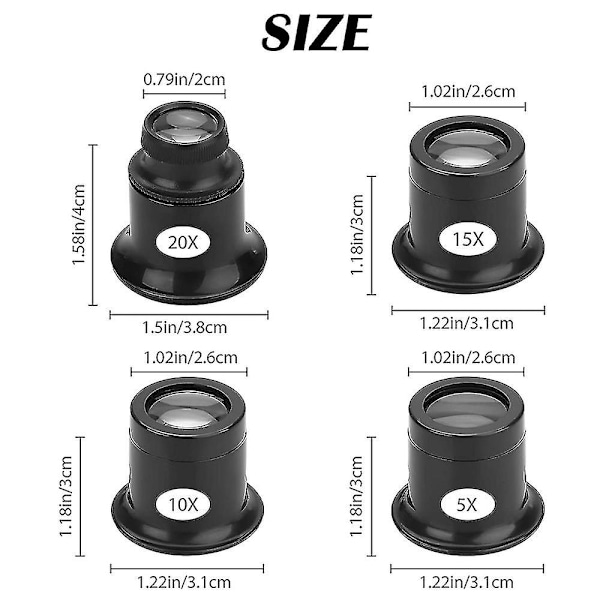 4 stk. Lup Brille Forstørrelsessæt 5x 10x 15x 20x Urreparations Lup Forstørrelsessæt Forstørrelsesglas
