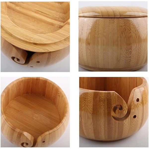Trä stickningsskål, stickningsskålhållare, ullförvaringsskål, stickningsskål i bambu med lock och elegant design, ullhållare organizer