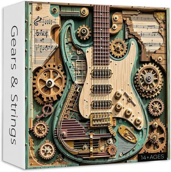 Gears & Strings 1000-brikkers Steampunk Gitarpuslespill, Vintage Gitar 1000 brikkers puslespill som hjemmeinnredning, 1 stk