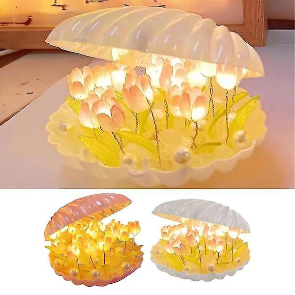 Tulipan Nattlys DIY Materiale Nattbordslampe Skall Håndlaget Kunstig Blomst Nattlys DIY Tilbehør Skjellampe White