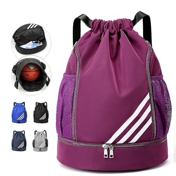 Vanntett Trekksekk Sports Gym Bag Med Sko-Rom, Vanntett Trekksekk For Menn Kvinner Purple