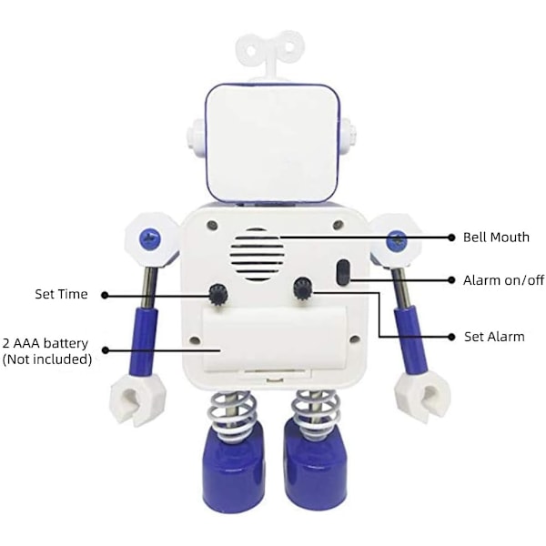 Robottihälytyskello, ruostumattomasta teräksestä valmistettu ei-naksahtava herätyskello vilkkuvilla silmävaloilla ja pyörivällä käsivarrella, lahja lapsille (sininen)