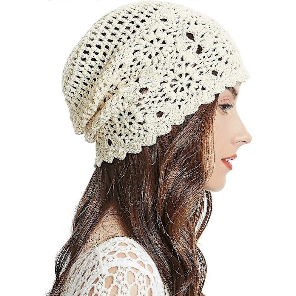 Dam Bomull Virkad Slouchy Mössa Handgjord Stickad Utskuren Sommar Blommig Skull Cap beige