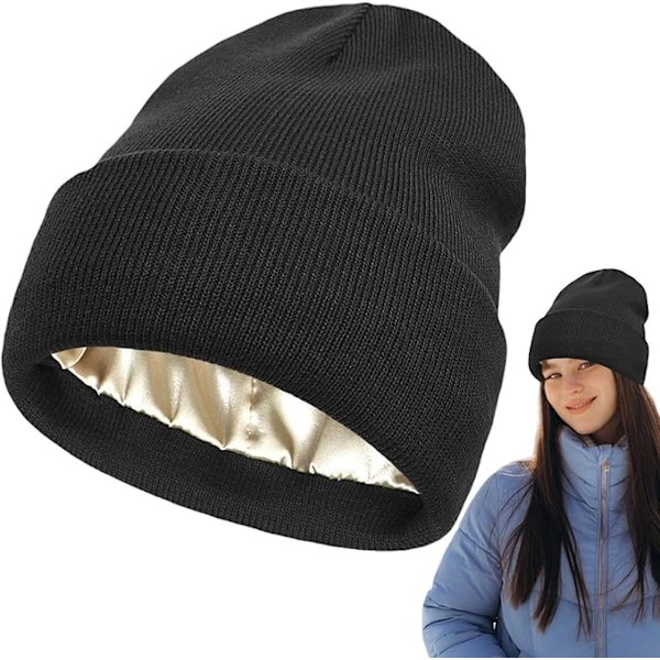 Satinfodrade vintermössor, satinfordrad beanie vintermössa, stickad klockhatt med silkefoder, silkefodrad slouchy beanie, unisex enfärgad skullcap Black