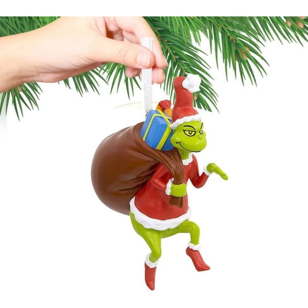 Reol Grinch Hængende Ornament Julepynt Vedhæng, Sjove Resin Grøn Grinch Xmas Decor til hjemmets feriefest (Grinch med byrde)