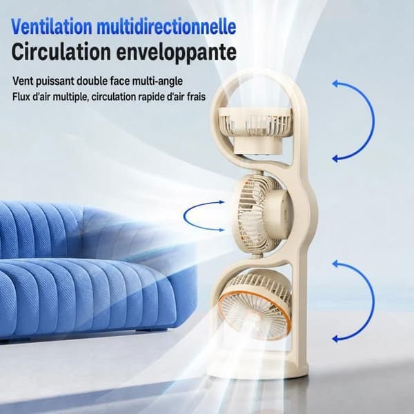 USB genopladelig bordventilator, 3-hoveds bærbar ventilator med lys og 5X luftstrømshastighedsindstillinger (A)