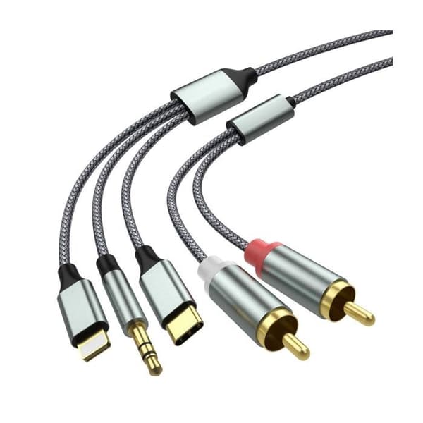 3-i-1 ljudkabel – 1,3 m – Lightning/RCA/USB-C till RCA/3,5 mm – Bil, hemmabio, högtalare – Mångsidig