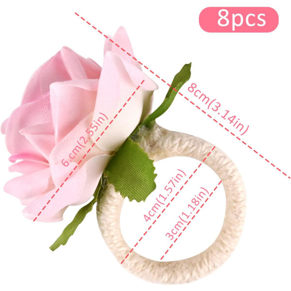 8 stk serviettringsett Blomsterserviettholderringer Kunstige roseserviettringer Burlap Cord Serviettspenne Håndlaget Faux Pink Rose Serviettsløyfe