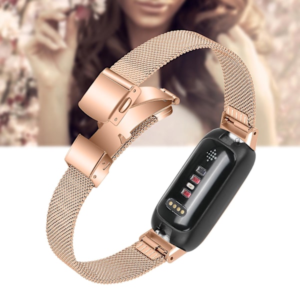 Fitbit Inspire 3:lle sopiva ruostumattomasta teräksestä valmistettu Milanese-tyylinen ranneke, säädettävä lukolla - Kulta Rose Gold