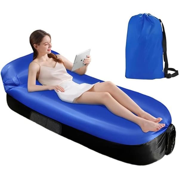 Oppustelig strandliggestol 200x70 cm, blå/sort polyester, luftfyldt udendørs hængekøjestol til camping/strand