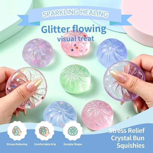 16-pak Mini Glitter Stjerne & Ensfarvet Dumpling Squishy Legetøj, Søde Krystal Klemmebolde, Blødt Strækbart Fidget Legetøj til Angstlindring, Fest