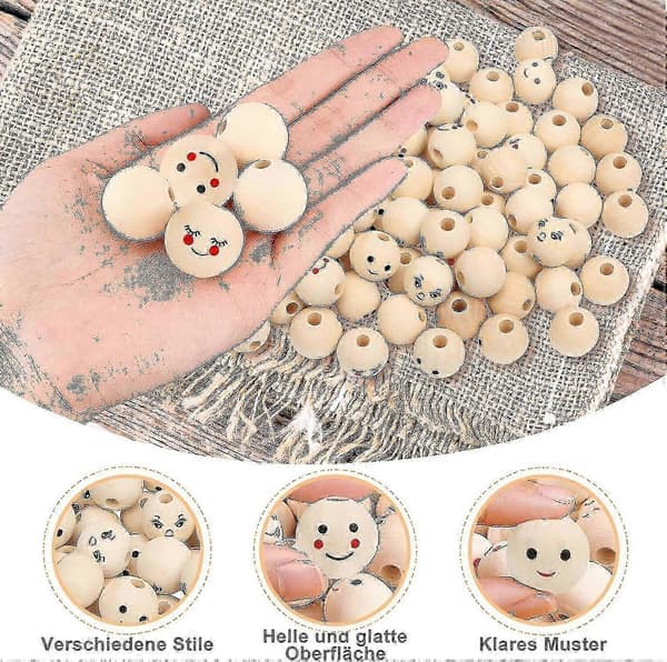 Träpärlor med ansikte - 100 träpärlor med smileyansikten (20 mm, runda pärlor för DIY-hantverk)