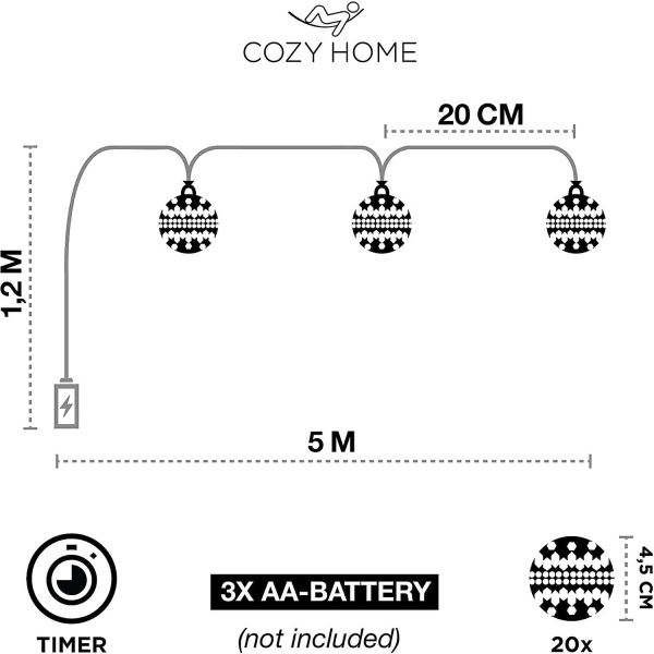 Marokkolainen Led-valosarja - 5 m:n kokonaispituus 30 lämpimän valkoista lediä | Valoköynnös | Marokkolainen oriental-tyylinen hopeinen pallo