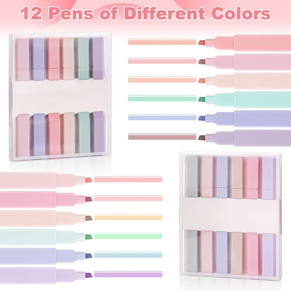 Pastel Highlighters, 12 stk. Morandi farve highlighter penne, bløde mejselspids bibel tekstmarker markeringspenne, notesbøger, skoleartikler.