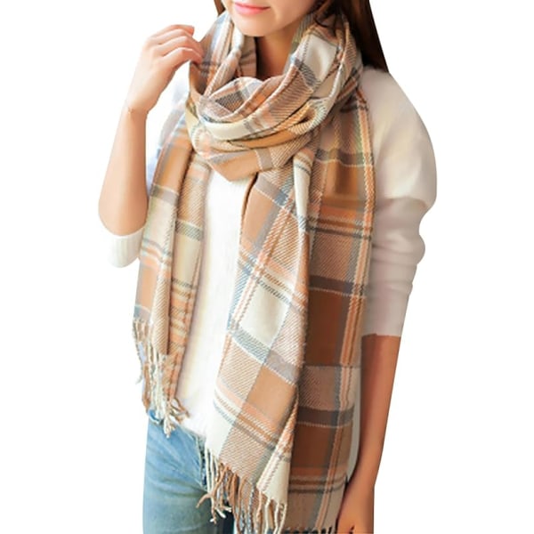 Mote-sjal og skjerf for damer, vinter-skjerf, pledd-skjerf for kvinner, tartan-skjerf, gaver til damer (Beige+Gult)
