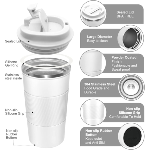 Reisekopp med lekkasikkert lokk, Isolerte gjenbrukbare kaffekopper for varme og kalde drikker/te (510 ml hvit)