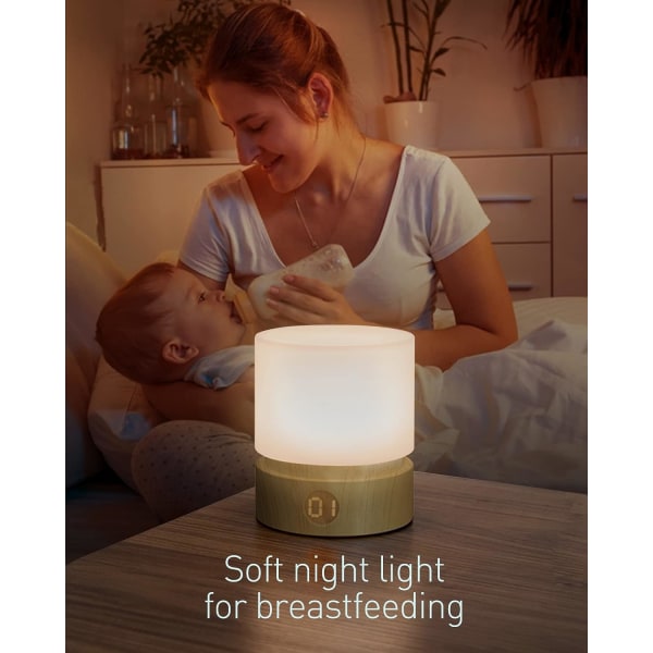Timer nattlys, liten LED-soveromslampe, nattbordslampe, nattlys for barn, amming av baby, trestruktur, dimbar, varm stemningslysfarge