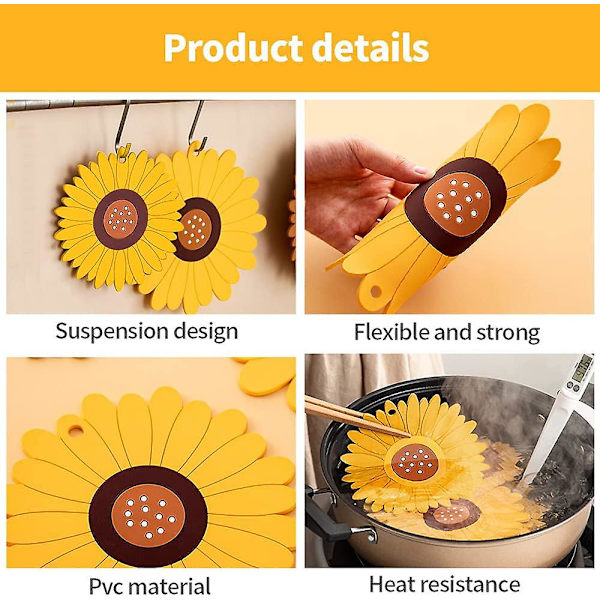 Auringonkukka-alustasarja, liukumattomat PVC-pehmeästä liimasta valmistetut alustat, 6 alustan sarja (5 kuppialusta + 1 paikka-alusta) pöytätasolle ja keittiön pöydälle (keltainen)