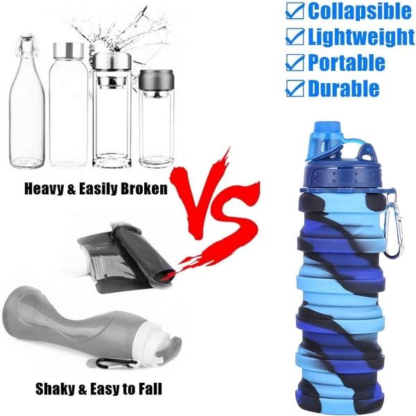2 stk silikone sammenklappelig vandflaske Genanvendelige bærbare sammenfoldelige vandflasker BPA-fri sikker og sund lækagesikret