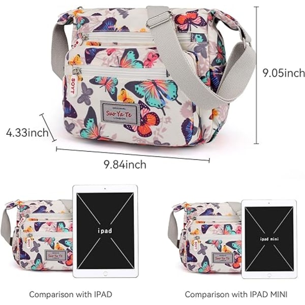 Womens Multi-Pocket Casual Crossbody Handbags Waterproof Shoulder Nylon Bags(Butterfly-white)