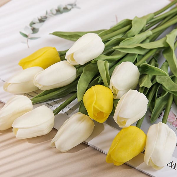 10 stk. PU kunstige tulipaner ekte touch kunstige blomsteroppsats bukett for hjemmekontor bryllupsdekor yellow