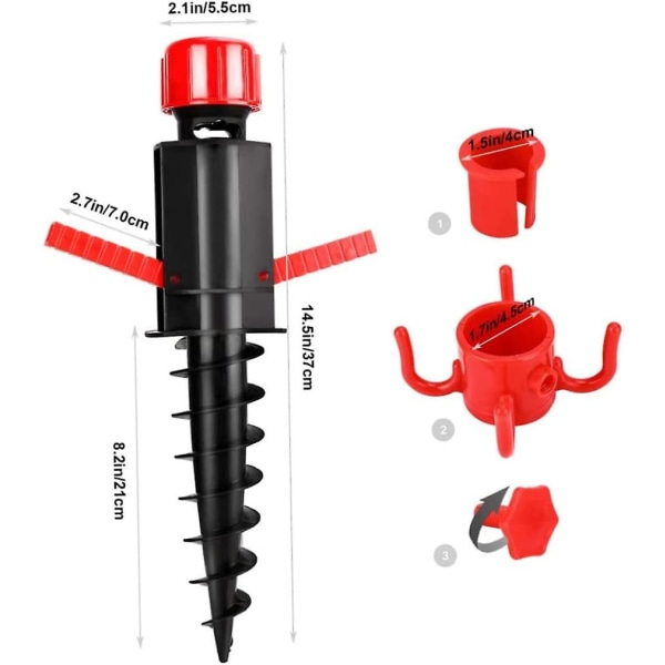 Strandparaply Sand Anker Heavy Duty Vindtæt Parasol Skrue Spids Kit Med Hængekrog Rød, Sort 1stk