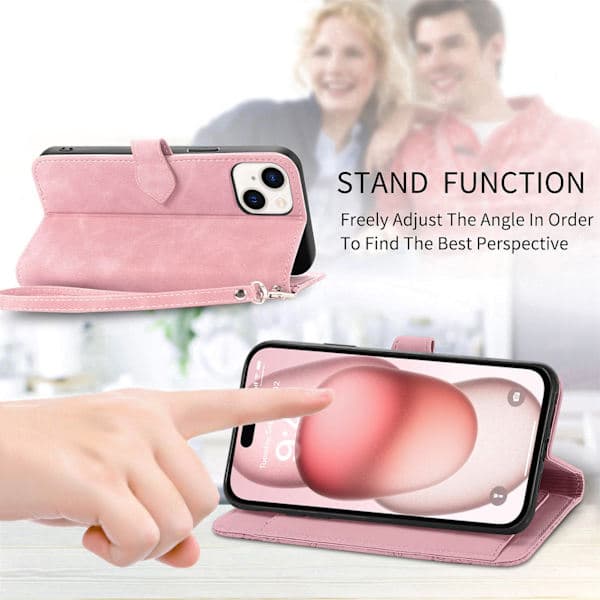 iPhone 15 Plus mobiltelefonfodral med snodd och korthållare, rosa. iPhone 15 Plus iPhone 15 Plus