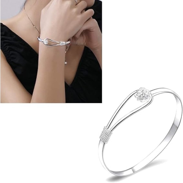 Silver Armband Elegant Clip-On Knapp Kvinnors Silver Armband Blommig Design Silver Charm Armband Bangle Klassisk Bangle Smycken(pläterat silver )